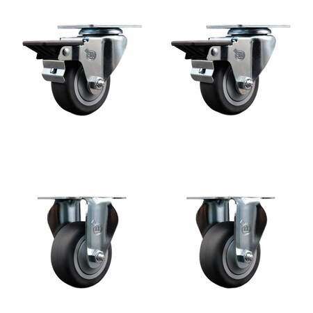 Service Caster 3'' Thermo Rubber Wheel Swivel Top Plate Caster Set with 2 Posi Brakes 2 Rigid, 4PK SCC-20S314-TPRB-PLB-2-R-2